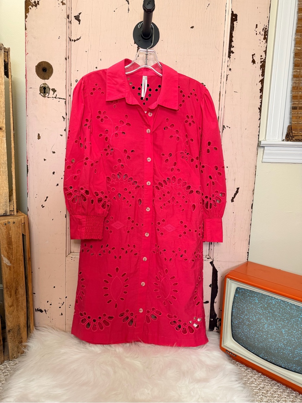 Anthropologie Bright Pink / Fuschia Eyelet Cutout Button-Front Dress